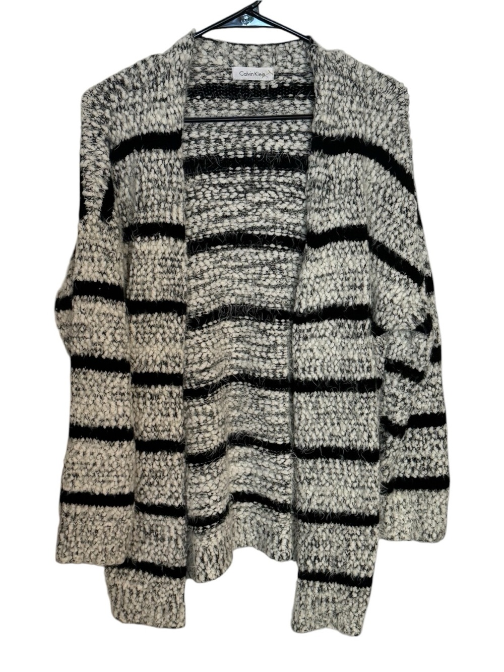 Calvin Klein Striped Chunky Knit Open Front Cardigan Sweater Black/White Sz L
